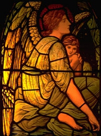 Angel holding child in stained glass