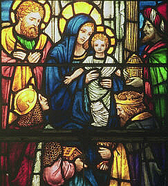 Detail from stained glass window by Powell's showing the Adoration of the Magi